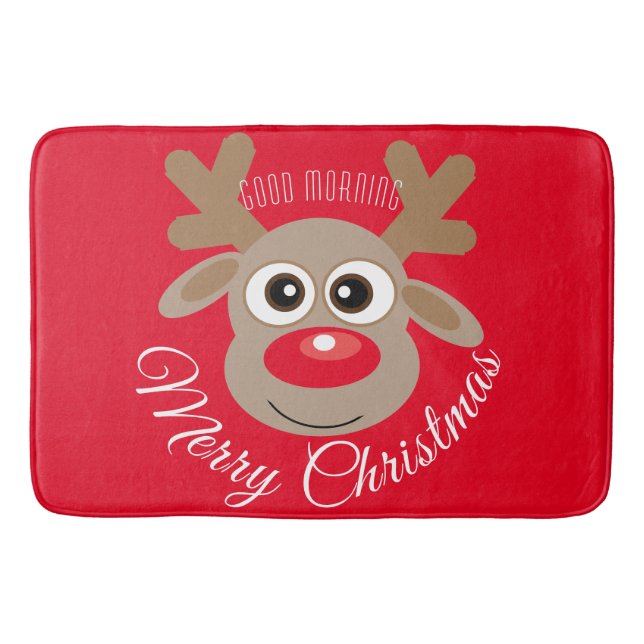 Cute Cartoon Reindeer Christmas Red Script Bath Mat (Front)