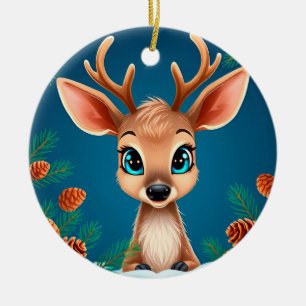 Cute Cartoon Reindeer in Winter with Pine Cones Ceramic Ornament