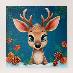 Cute Cartoon Reindeer in Winter with Pine Cones Jigsaw Puzzle