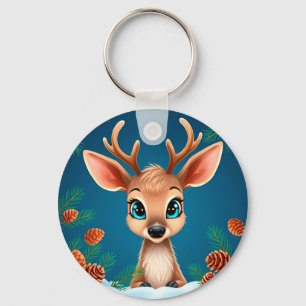 Cute Cartoon Reindeer in Winter with Pine Cones Keychain