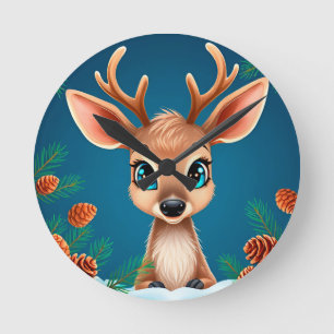 Cute Cartoon Reindeer in Winter with Pine Cones Round Clock