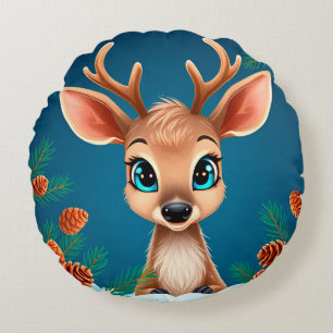Cute Cartoon Reindeer in Winter with Pine Cones Round Pillow