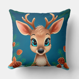 Cute Cartoon Reindeer in Winter with Pine Cones Throw Pillow