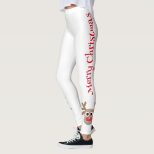 Cute Cartoon Reindeer Merry Christmas White Leggings