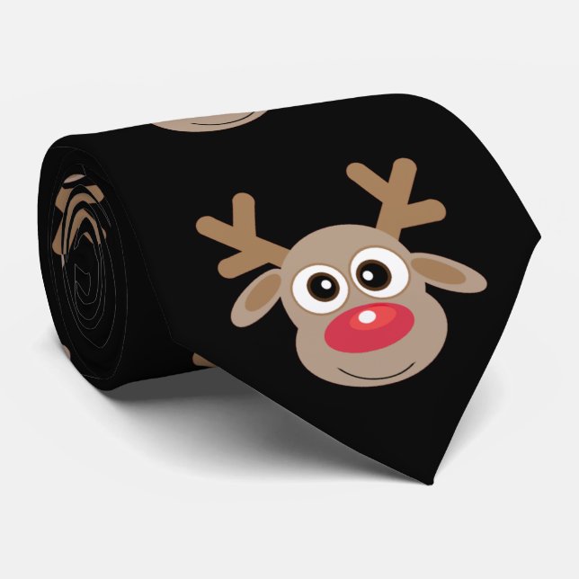 Cute Cartoon Reindeer Pattern Christmas Fun Black Tie (Rolled)