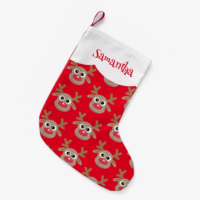 Cute Cartoon Reindeer Pattern Red Small Christmas Stocking (Front (Hanging))