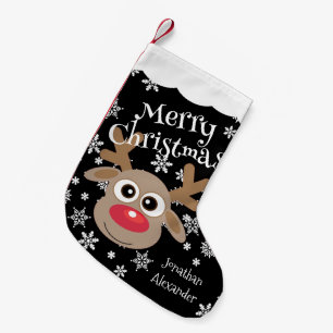 Cute Cartoon Reindeer White Snowflakes Black Name Small Christmas Stocking