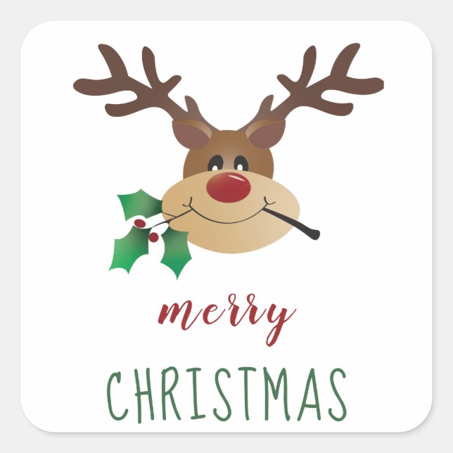 Cute Cartoon Reindeer With Mistletoe Square Sticker (Front)