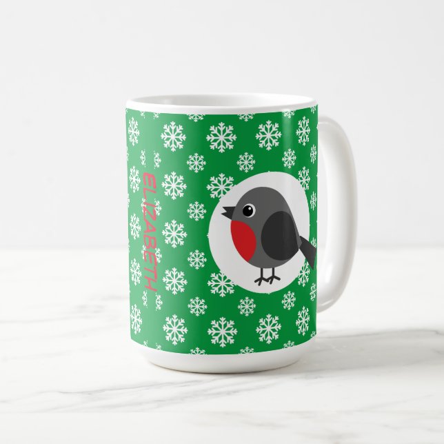 Cute Cartoon Robin with Snowflakes | Add Name  Coffee Mug (Front Right)