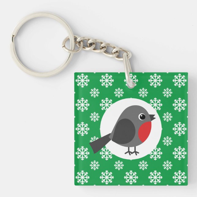Cute Cartoon Robin with the Snowflakes Keychain (Front)