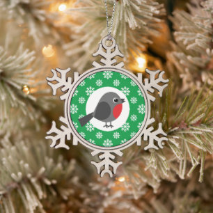 Cute Cartoon Robin with the Snowflakes Snowflake Pewter Christmas Ornament