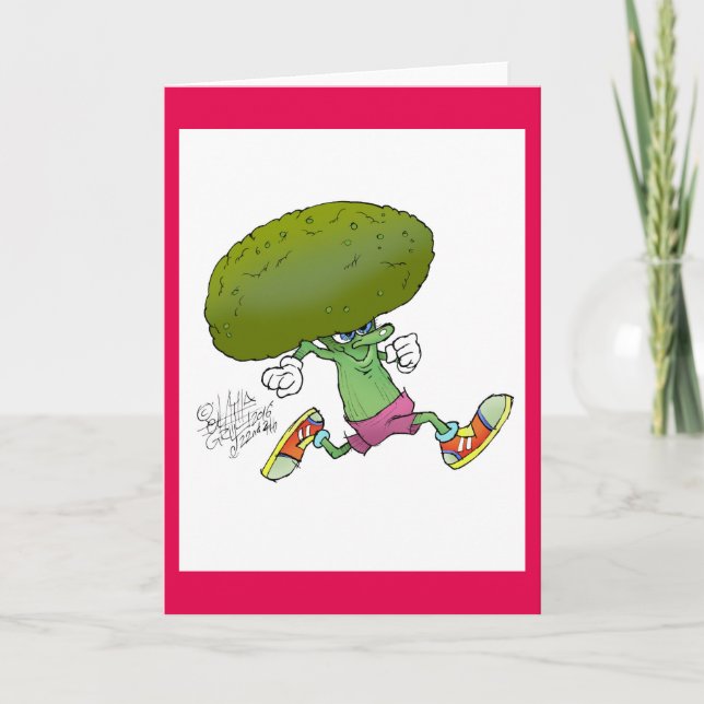 Cute cartoon running Broccoli, on a greeting card. Card (Front)
