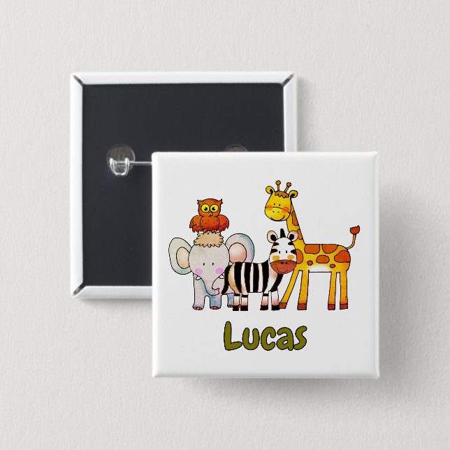 Cute Cartoon Safari Animals custom name 2 Inch Square Button (Front & Back)