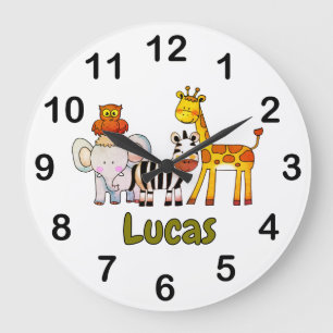 Cute Cartoon Safari Animals custom name Large Clock