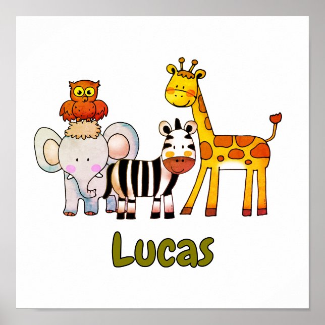 Cute Cartoon Safari Animals custom name Poster (Front)