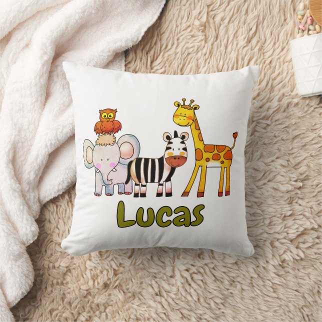 Cute Cartoon Safari Animals custom name Throw Pillow (Blanket)