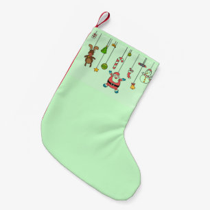 Cute cartoon santa and friends on green mint small christmas stocking