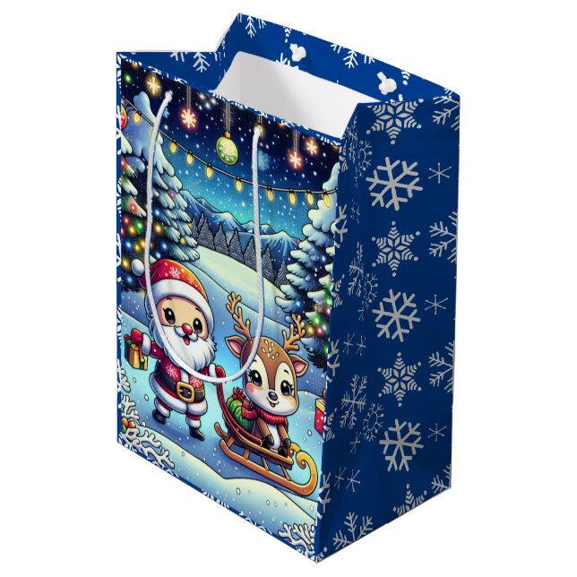 Cute Cartoon Santa and Reindeer Christmas Medium Gift Bag (Back Angled)