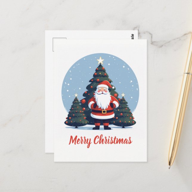 Cute Cartoon Santa Claus and Christmas Tree Postcard (Front/Back In Situ)