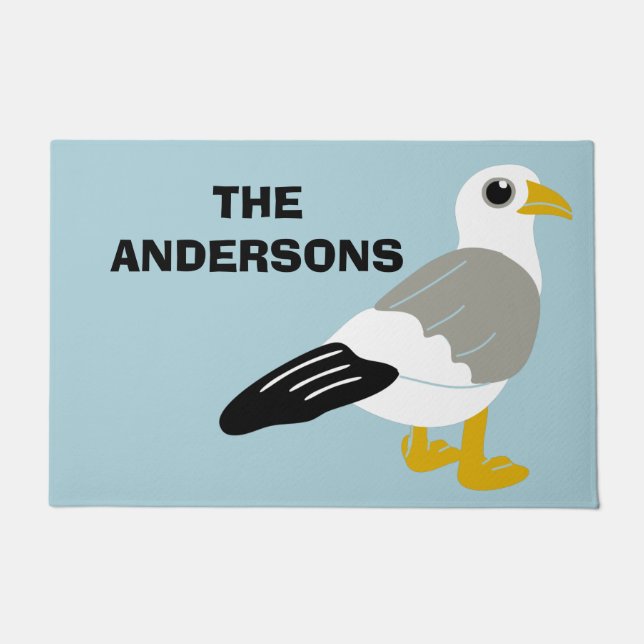 Cute Cartoon Seagull Light Blue Personalized Doormat (Front)