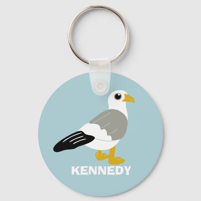 Cute Cartoon Seagull Light Blue Personalized Keychain (Front)