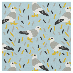 Cute Cartoon Seagulls Light Blue, White, Grey Fabric