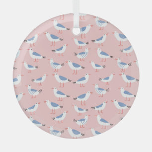 Cute Cartoon Seagulls Seamless Pattern Glass Ornament