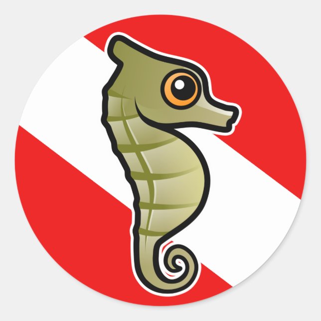 Cute Cartoon Seahorse Dive Flag Classic Round Sticker (Front)