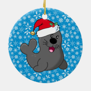 Cute Cartoon Seal Wearing Santa Hat Ceramic Ornament