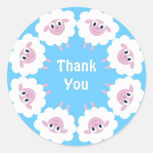 Cute Cartoon Sheep Blue Custom Thank You Classic Round Sticker