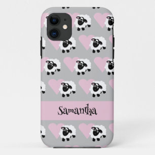 Cute Cartoon Sheep Pink Heart Pattern Grey iPhone 11 Case