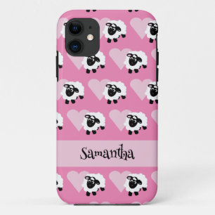 Cute Cartoon Sheep Pink Heart Pattern Name iPhone 11 Case