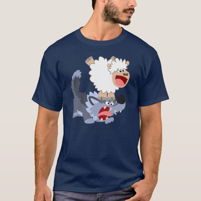 Cute Cartoon Sheep Playing with Wolf T-Shirt (Front)