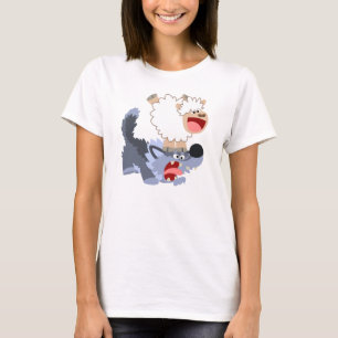 Cute Cartoon Sheep Playing with Wolf Women T-Shirt