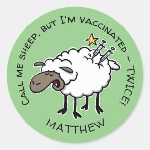 Cute Cartoon Sheep Vaccinated Twice With Your Name Classic Round Sticker