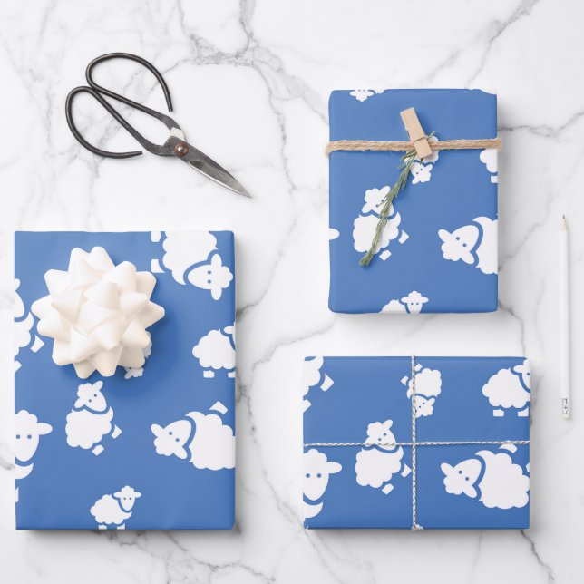 Cute Cartoon Sheep Wrapping Paper – Blue Gift Wrap (Front)
