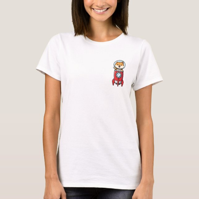 Cute Cartoon Shiba Inu Astronaut Riding Red Rocket T-Shirt (Front)