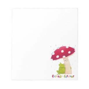 Cute cartoon sitting frog and mushroom in rain notepad