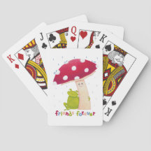 Cute cartoon sitting frog and mushroom in rain