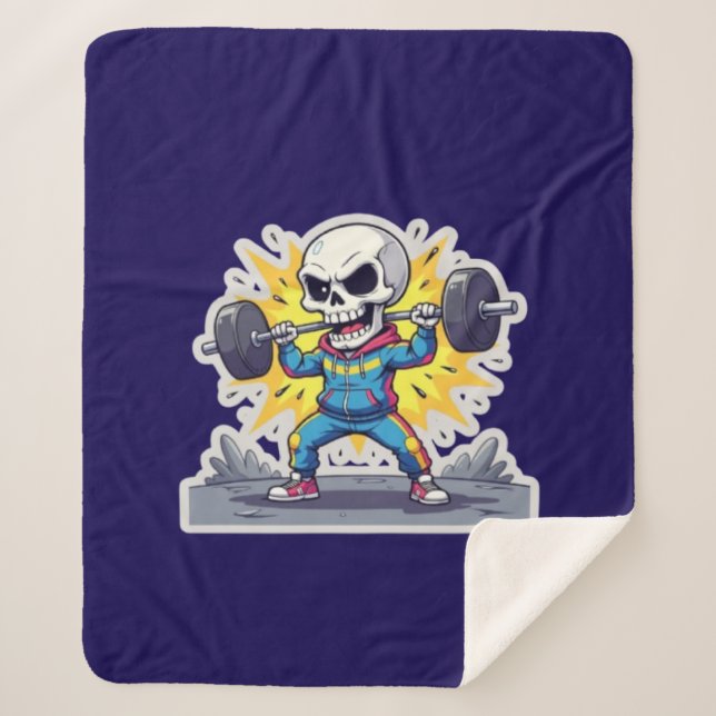 “Cute Cartoon Skeleton Weightlifter • Funny Gym Ba Sherpa Blanket (Front)