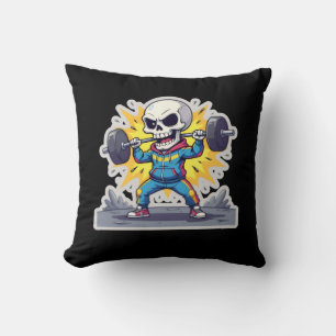 “Cute Cartoon Skeleton Weightlifter • Funny Gym Ba Throw Pillow