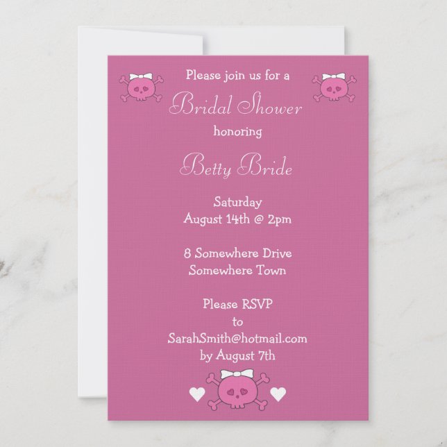 Cute Cartoon Skull Bride Pink Linen Bridal Shower Invitation (Front)