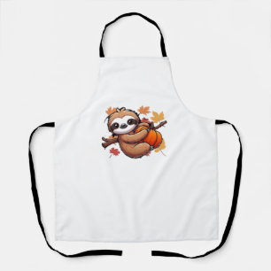 Cute Cartoon Sloth with Pumpkin - Autumn Season Ov Apron