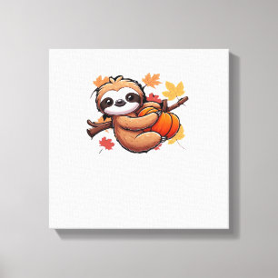 Cute Cartoon Sloth with Pumpkin - Autumn Season Ov Canvas Print