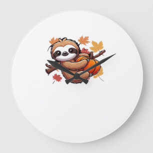 Cute Cartoon Sloth with Pumpkin - Autumn Season Ov Large Clock
