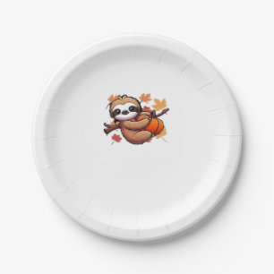 Cute Cartoon Sloth with Pumpkin - Autumn Season Ov Paper Plate