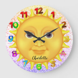 Cute Cartoon Smiling Sun  with Sweet Bumblebee   Large Clock