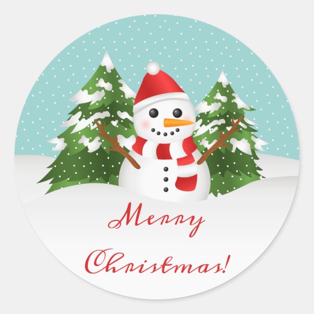 Cute Cartoon Snowman And Merry Christmas Text Classic Round Sticker (Front)