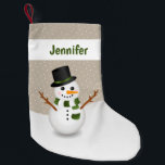 Cute Cartoon Snowman And Personalizable Name Beige Small Christmas Stocking<br><div class="desc">Destei's cartoon illustration of a cute snowman on a beige colour background with some white dots as snow. The snowman is wearing a green and white striped scarf and a black hat with a green stripe. There is also a personalizable text area for a name on the top of the...</div>