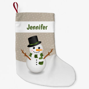 Cute Cartoon Snowman And Personalizable Name Beige Small Christmas Stocking